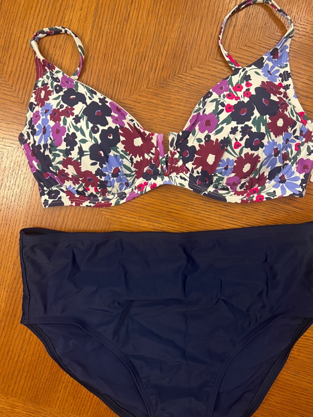 Anne Cole Floral Underwire Bikini Top with Navy High-Waist Bottoms B18